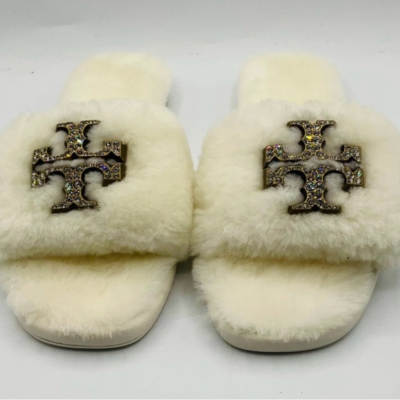 RARE LIKE NEW! Tory Burch Jeweled Shearling Slide Slippers Shoes Buttermilk - Picture 5 of 8